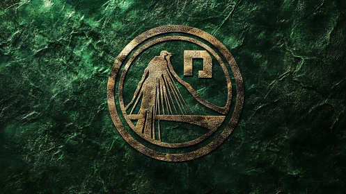 Metallic bridge emblem on textured green stone background.
