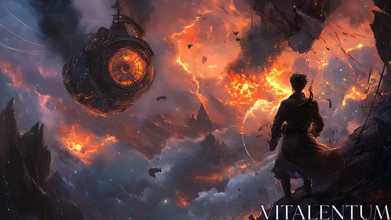 Wanderer faces burning sky and falling orbital fortress.