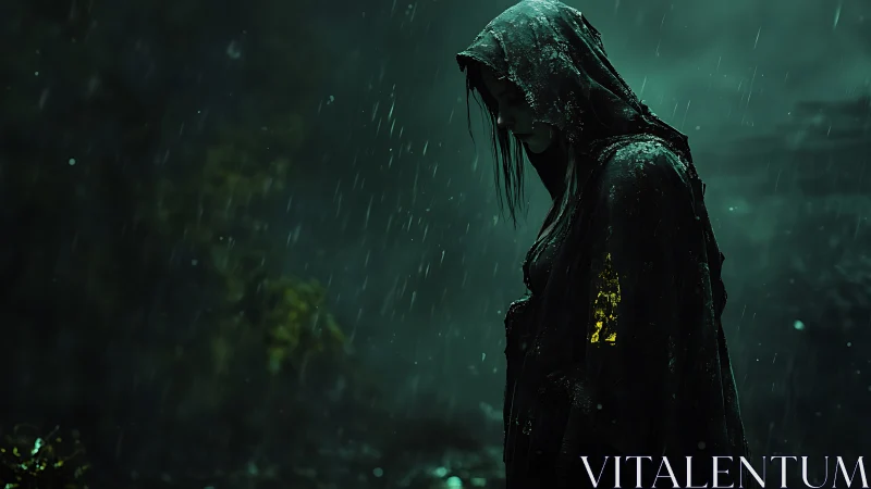 Hooded female figure in stormlit forest with emerald gloom.
