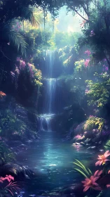 Tiered forest waterfall descends into reflective jungle pool