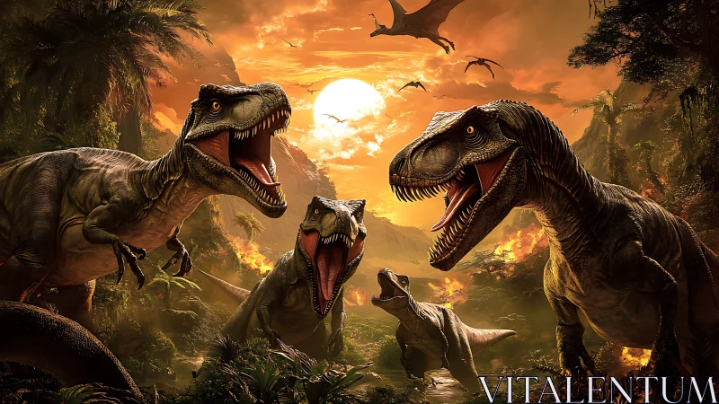 Roaring Tyrannosaur Pack Under Emberstorm Jurassic Sunset.