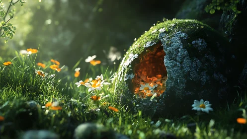 Mossy stone hollow glows warm among wild meadow flowers.