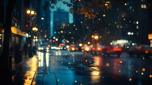 Golden rain lights glow softly along a quiet city street