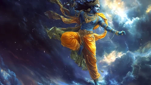 Celestial blue dancer crossing swirling cosmic clouds.