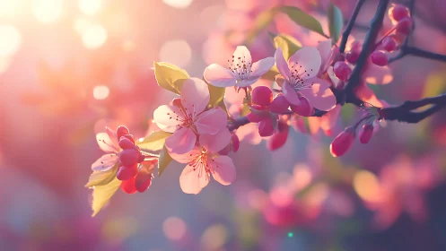 Cherry blossoms backlit by warm sunlight with bokeh
