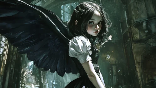 Dark winged girl stands in ruined gothic cathedral hall.