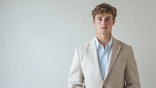 Young male subject stands in beige suit against plain backdrop