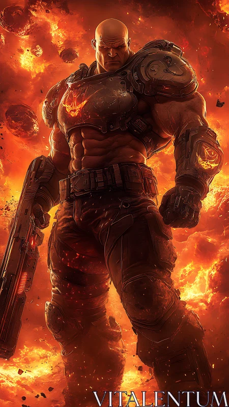 Armored space marine stands in erupting plasma-fire asteroid field
