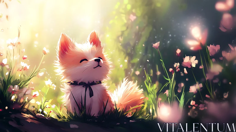 Small cartoon dog in sunlit flower field environment.