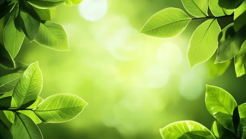 Sunlit green leaves framing a glowing forest daydream.