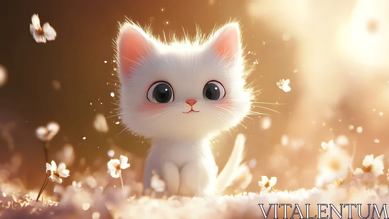 Luminous White Kitten in Glowing Flower Garden.