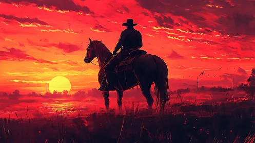 Lone cowboy on horseback under blazing crimson sunset.