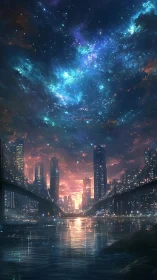 Futuristic riverfront megacity under luminous nebular night sky