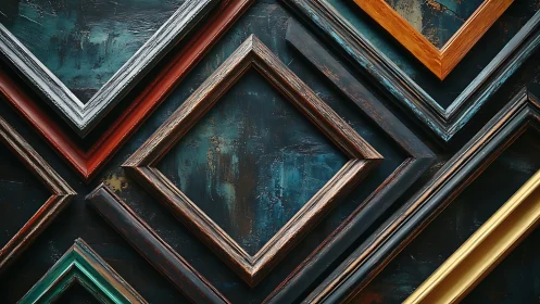 Geometric arrangement of empty multicolored wooden frames.