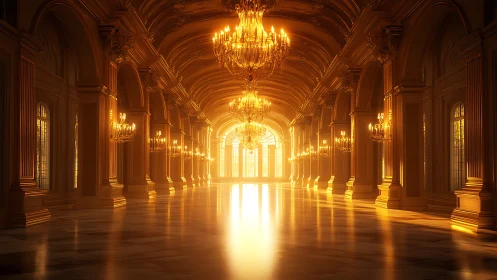 Golden palace hall glows with chandeliers and soft sunlight