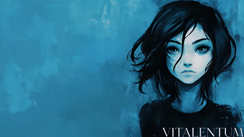 Quiet blue-haired girl with dreamy eyes in soft shadows.