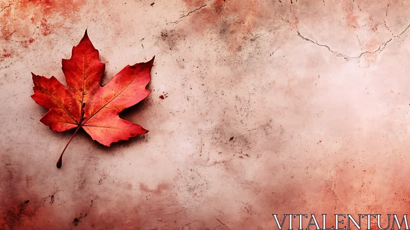 Textured autumn maple leaf on weathered plaster ground.