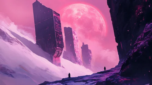 Colossal monoliths in snowy canyon under oversized moon.