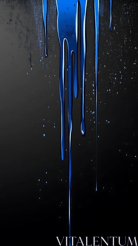 Electric blue paint drips cascade over a stark black field