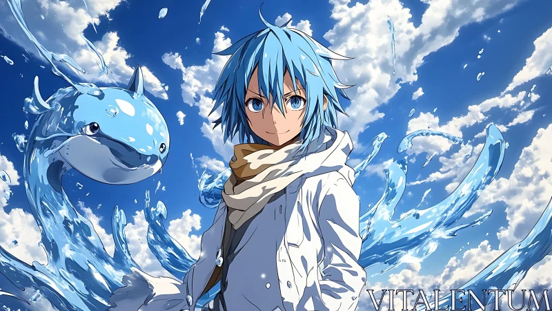 Blue-haired mage with aquatic spirit under dynamic skies.