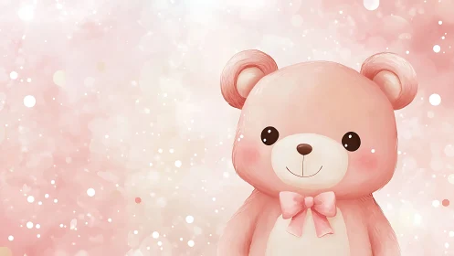 Pink cartoon teddy bear illustration on soft bokeh background.