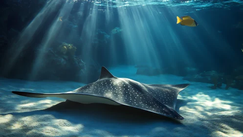 Spotted manta ray gliding under sunlit shallow reef waters.
