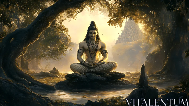 Serene forest deity meditates in golden, sacred morning light