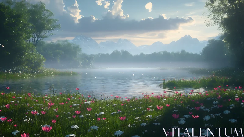 Mountain lake sunrise renders atmospheric floral foreground