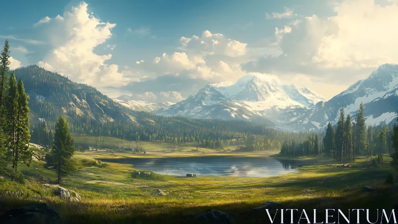 Snowy mountains rise above pine forest and calm lake