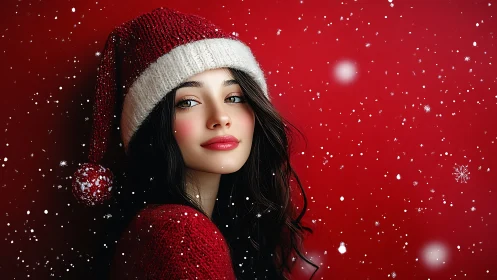 Digital painting portrait of festive woman in Santa hat on red background.