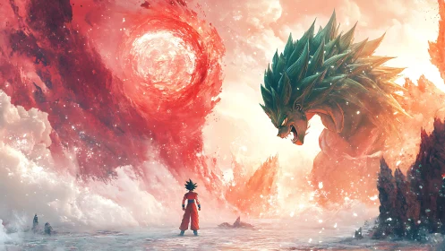 Human figure confronting colossal dragon in fiery sky.