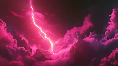Neon storm rift over crystalline peaks in magenta void.