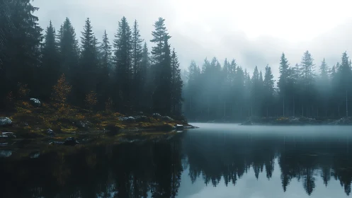 Misty Evergreen Forest Lake with Mirror Reflection