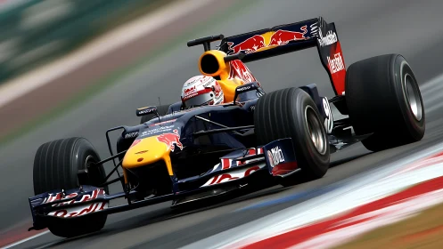 Formula 1 Red Bull car attacking high-speed circuit corner.