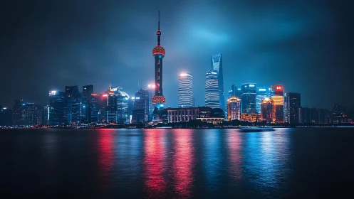 Neon city skyline glowing softly over calm night waters.