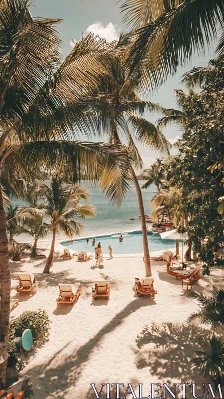 Tropical resort beach with palm canopy and turquoise pool reflecting golden hour