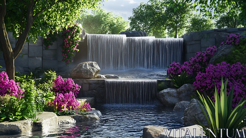 Photoreal garden waterfall with tiered stone basin and blooms