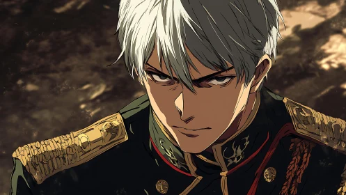 Steel-eyed commander in gilded uniform holding silent resolve.