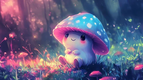 Cartoon mushroom creature in colorful forest clearing.