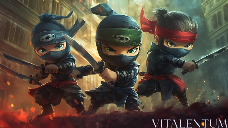 Dynamic chibi ninja trio in cinematic digital painting style.