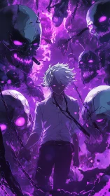 White haired summoner walks through swirling purple skull spirits