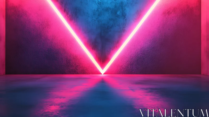 Neon pink V light in empty blue and magenta room interior.