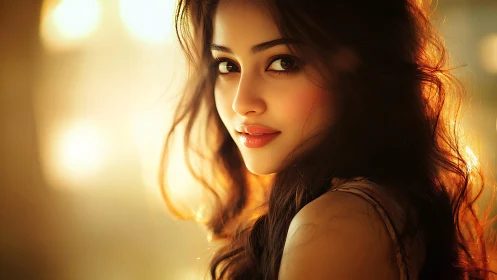 Sunlit gaze of a dreamy woman in molten golden glow.