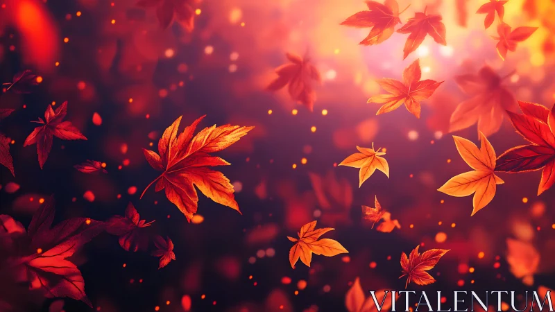 Falling autumn maple leaves over glowing orange light.