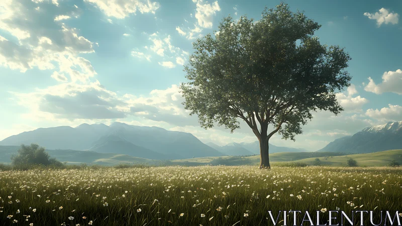 Solitary tree under soft sky across wide mountain meadow.