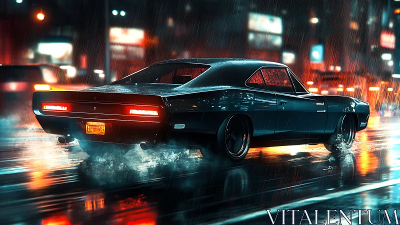 Midnight muscle car cruising through glowing city rain.