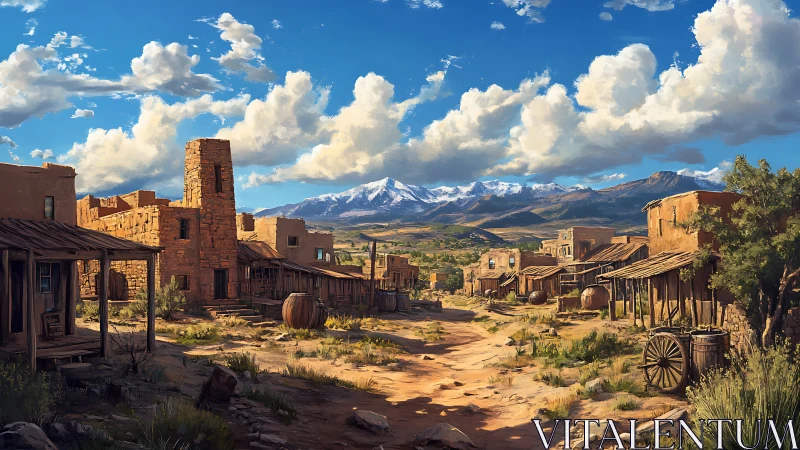 Desert town street extends toward distant snow-capped mountains