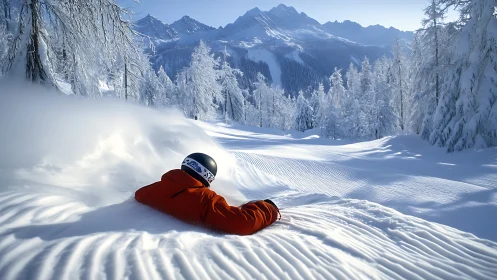 Solo snowboarder carves fresh powder beneath icy peaks.