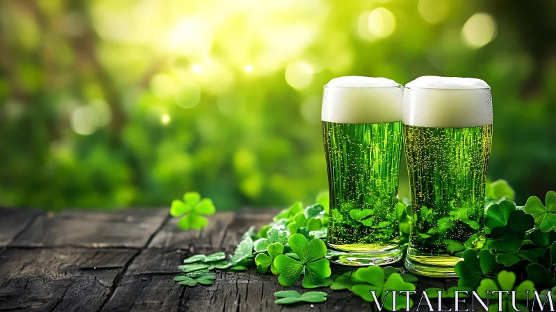 Two glasses of green beer with clover on wooden surface.