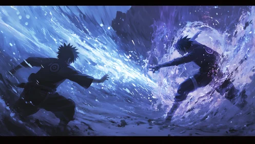 Opposed chakra wavefronts in high-energy aquatic collision.